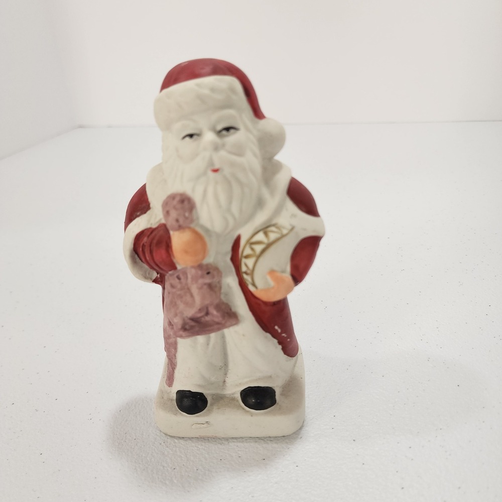 Vintage Ceramic Santa Claus Figurine Red Robe with Toy Sack and Drum 5.5 Inch